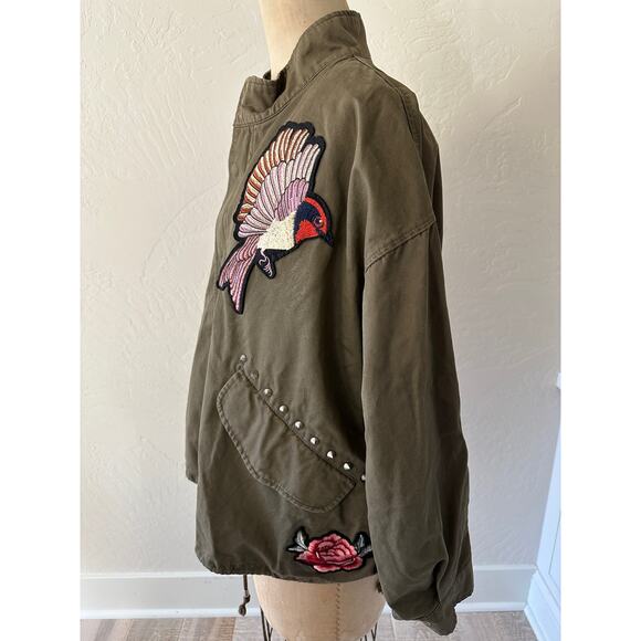 H&M | Womens Army Green Cotton Twill Bird Flower Bee Patch Bomber Jacket Small - Picture 12 of 15